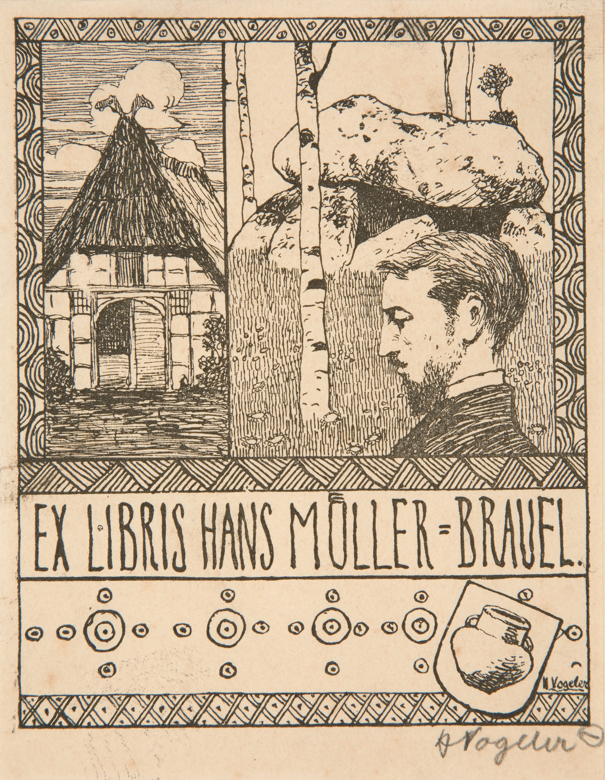 Ex Libris Hans Müller-Brauel by Heinrich Vogeler — A bookplate pairing a thatched farmhouse with a man before a dolmen