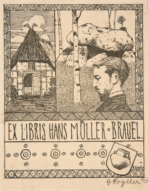 Ex Libris Hans Müller-Brauel by Heinrich Vogeler — A bookplate pairing a thatched farmhouse with a man before a dolmen