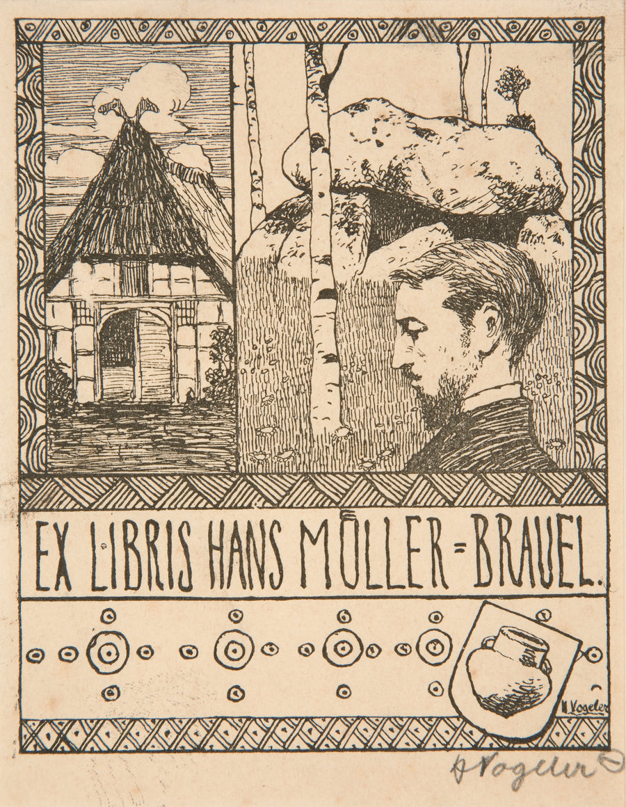 Heinrich Vogeler — Ex Libris Hans Müller-Brauel | Art Nouveau Print shown to scale on a wall above a sofa