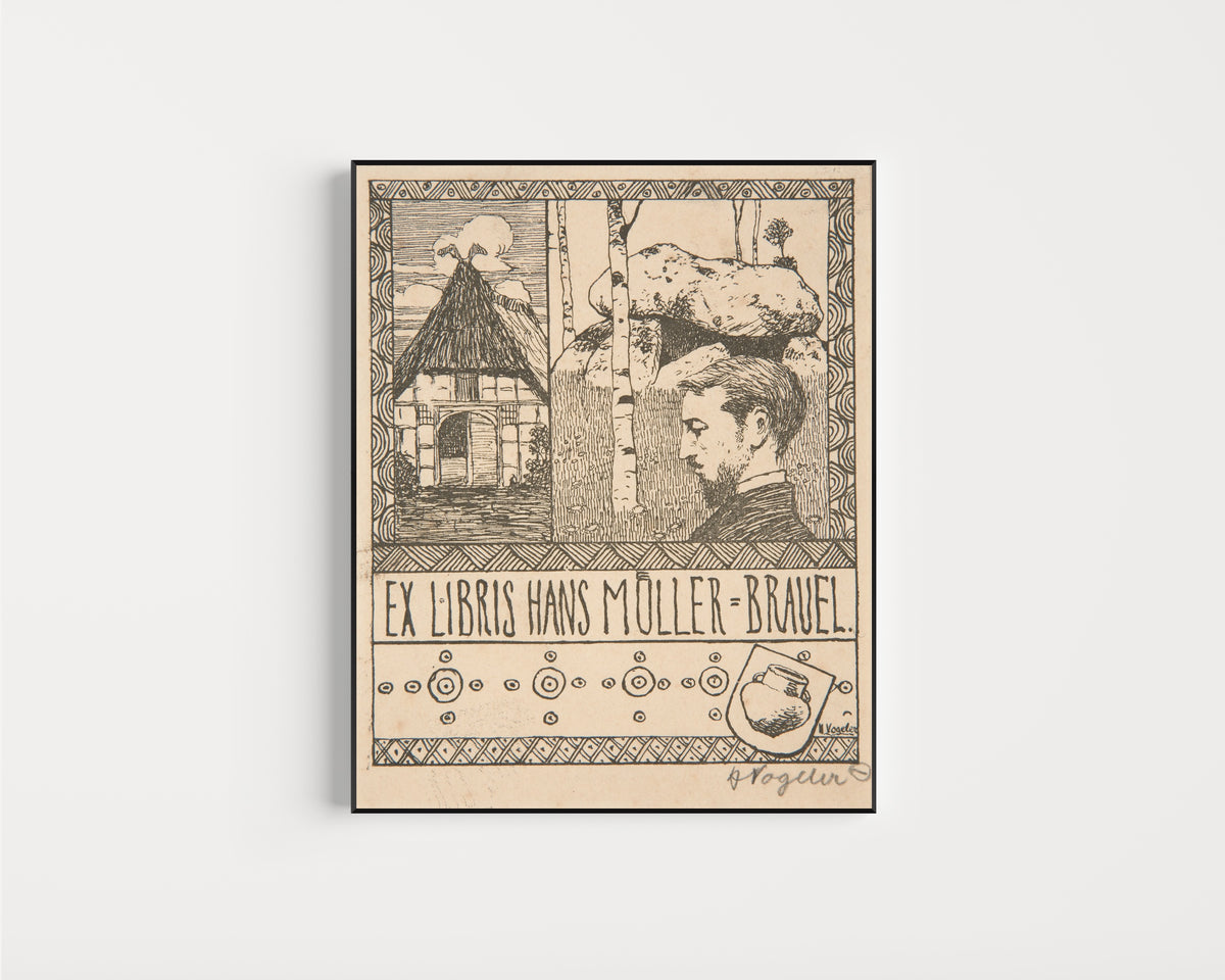 Framed art print of Ex Libris Hans Müller-Brauel by Heinrich Vogeler, in a slim black frame on a plain white wall