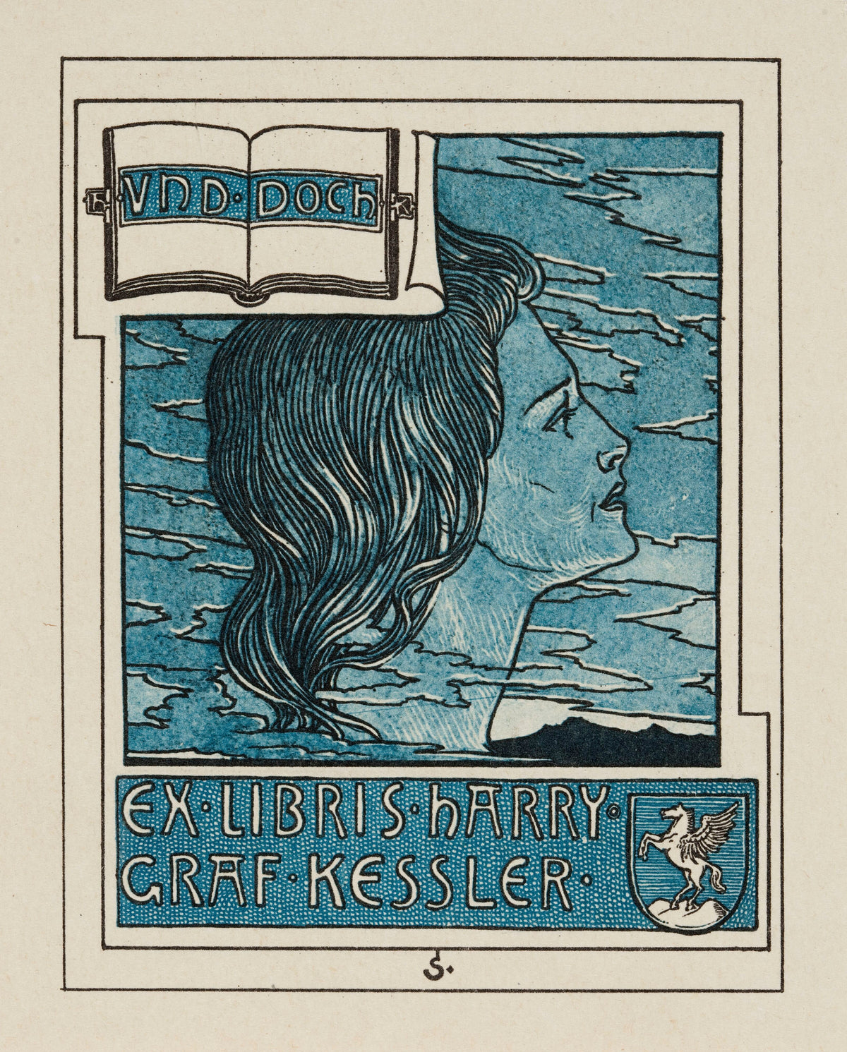 Ex Libris Harry Graf Kessler by Joseph Sattler — A woman's profile in streaming hair against a blue cloud sky