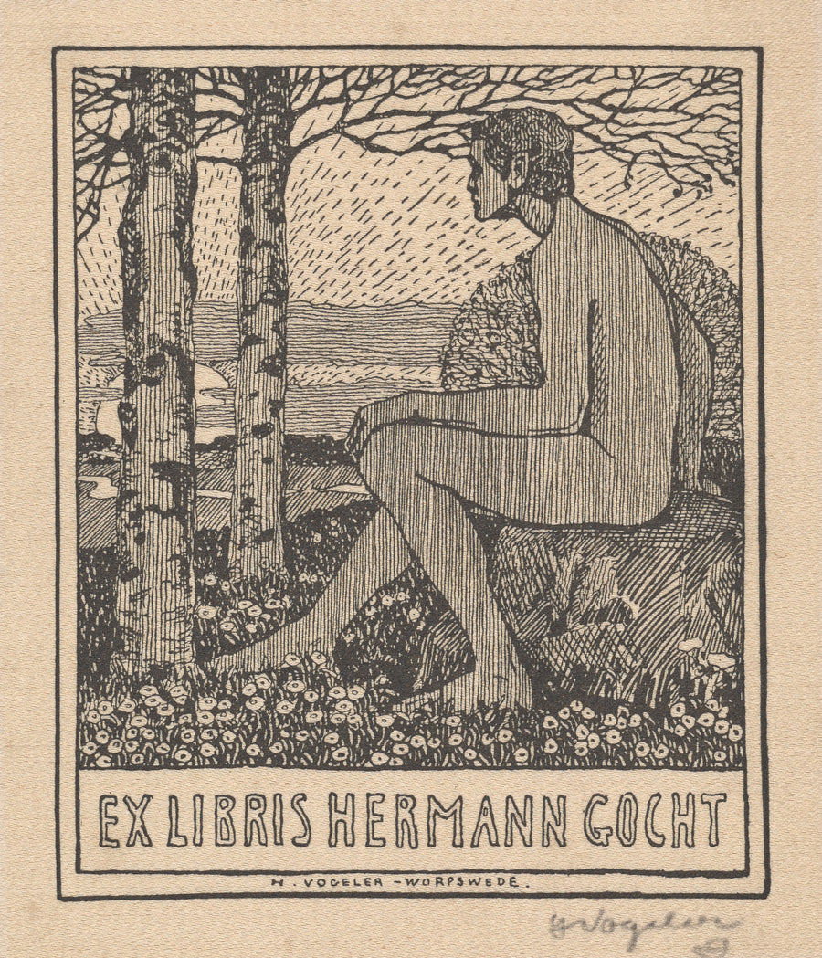 Heinrich Vogeler — Ex Libris Hermann Gocht | Art Nouveau Print shown to scale on a wall above a sofa