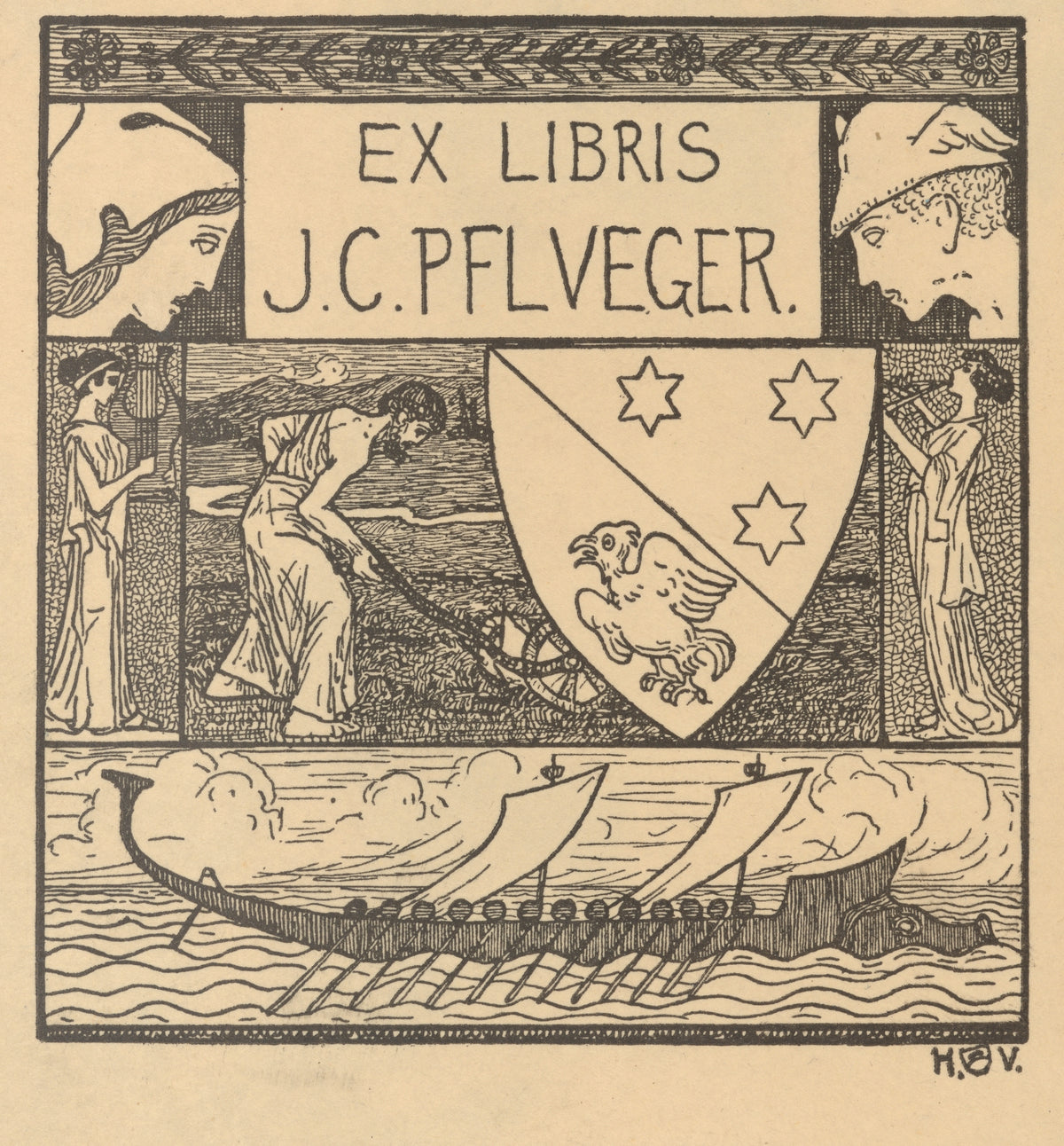 Ex Libris J.C. Pflueger by Heinrich Vogeler — A bookplate with a ploughman, a shield and a rowed galley