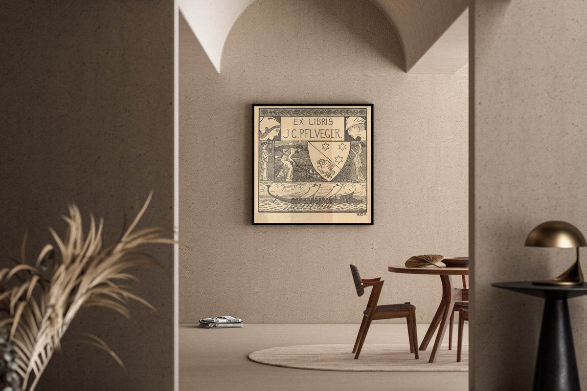 Framed art print of Ex Libris J.C. Pflueger by Heinrich Vogeler, in a sunlit dining corner