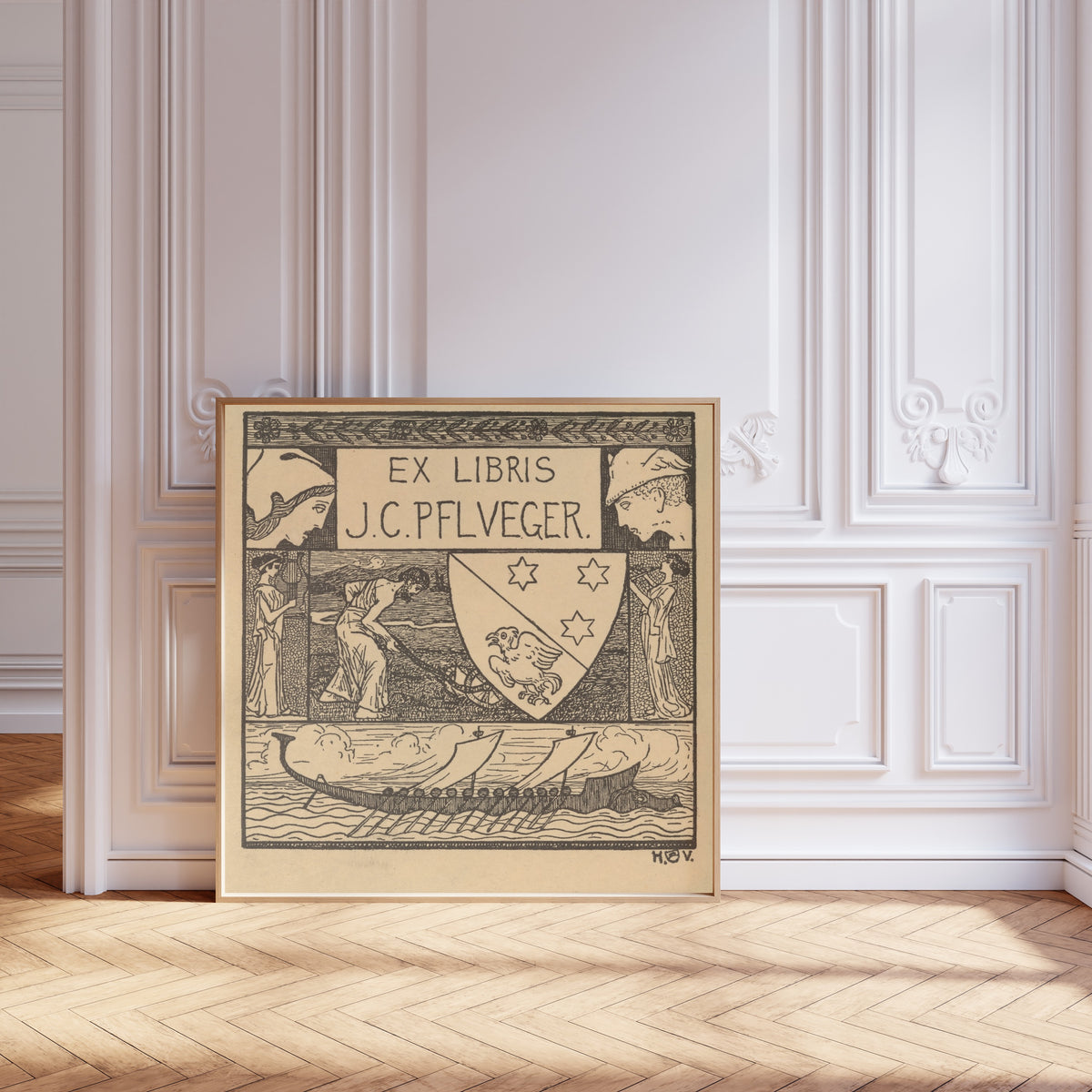 Framed art print of Ex Libris J.C. Pflueger by Heinrich Vogeler, leaning against pale pink panelling on a herringbone floor