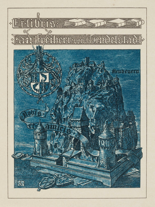 Ex Libris Jan Freiherr von Wendelstadt by Joseph Sattler — A castle crag, drawbridge and coat of arms in deep blue