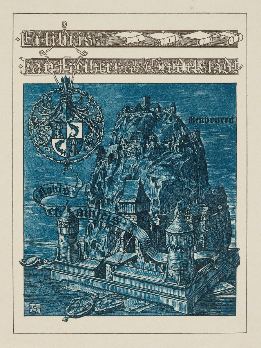 Joseph Sattler — Ex Libris Jan Freiherr von Wendelstadt | Art Nouveau Print shown to scale on a wall above a sofa