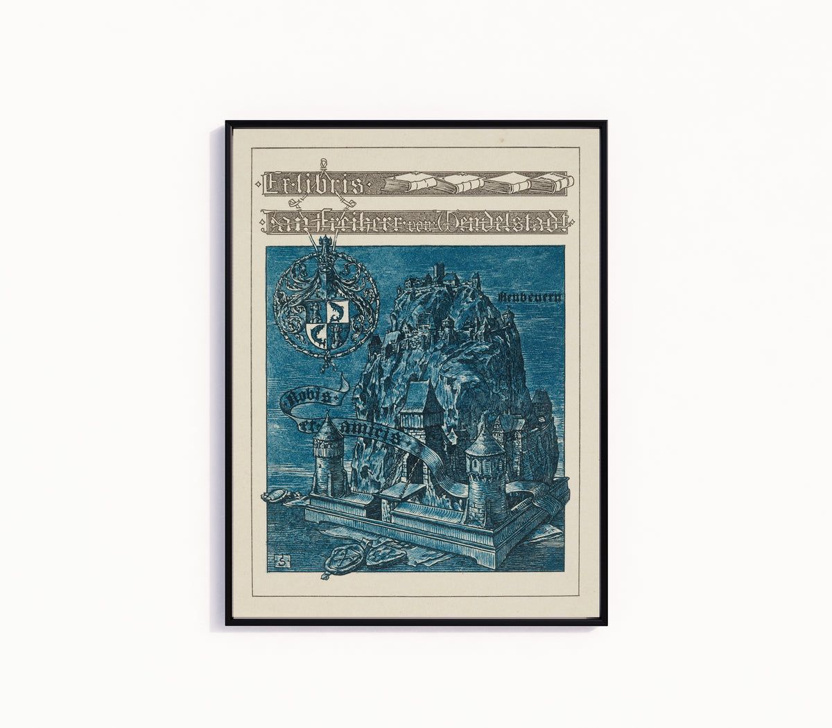 Framed art print of Ex Libris Jan Freiherr von Wendelstadt by Joseph Sattler, in a slim black frame on a plain white wall