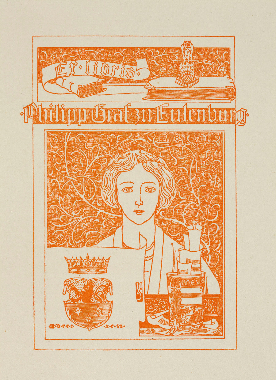 Joseph Sattler — Ex Libris Philipp Graf zu Eulenburg | Art Nouveau Print shown to scale on a wall above a sofa