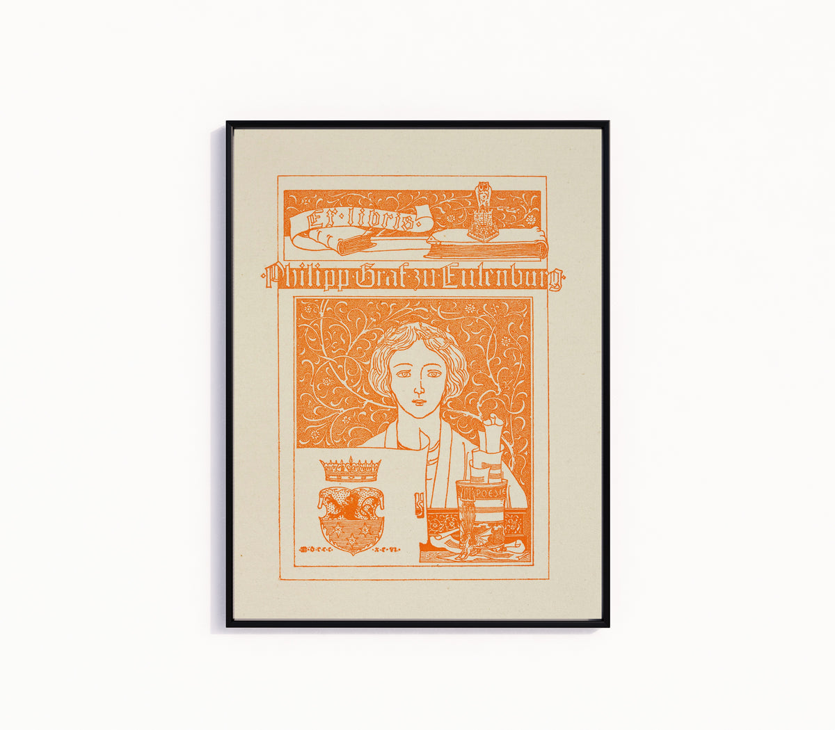 Framed art print of Ex Libris Philipp Graf zu Eulenburg by Joseph Sattler, in a slim black frame on a plain white wall