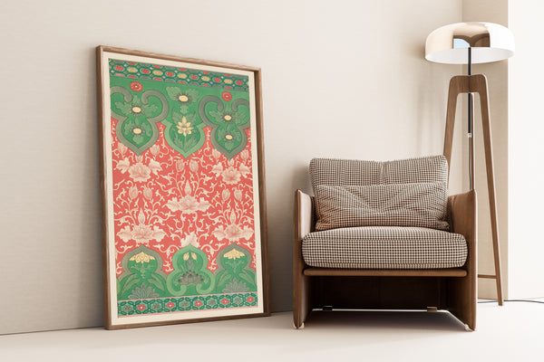Owen Jones — Chinese Ornament: Ivory Lotus on Coral with Green Panels | Ornament Plate Print