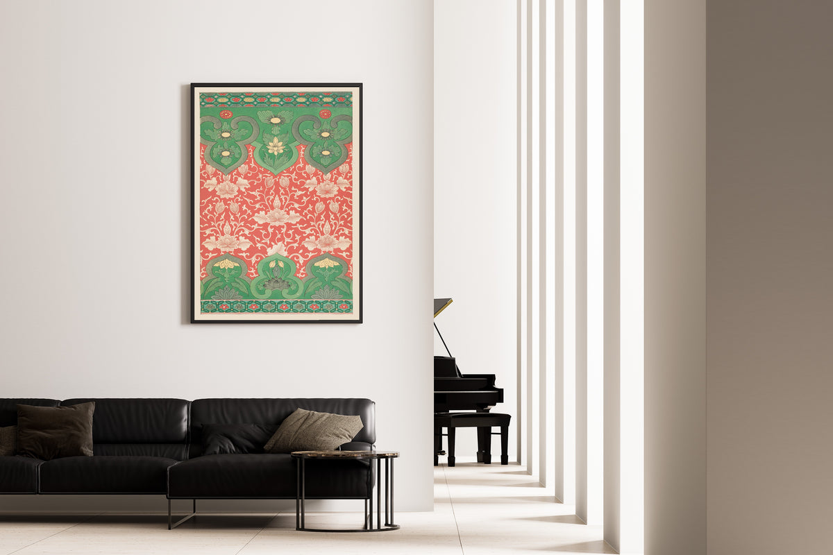 Owen Jones — Chinese Ornament: Ivory Lotus on Coral with Green Panels | Ornament Plate Print