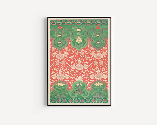 Owen Jones — Chinese Ornament: Ivory Lotus on Coral with Green Panels | Ornament Plate Print