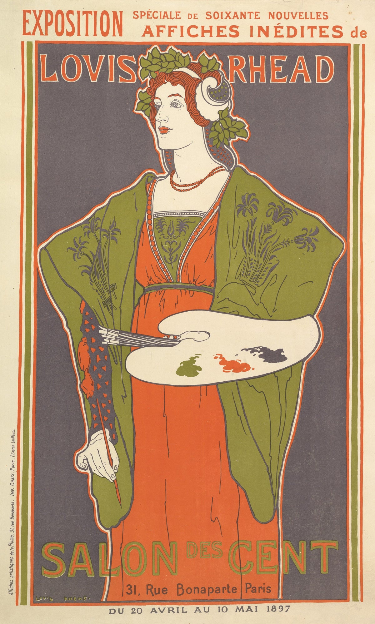 Exposition, Salon des Cent by Louis Rhead — A woman in a green wrap holds a palette and brushes