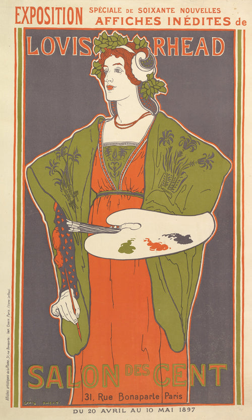 Exposition, Salon des Cent by Louis Rhead — A woman in a green wrap holds a palette and brushes
