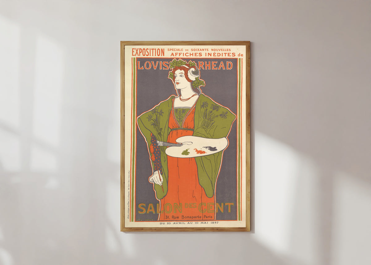 Framed art print of Exposition, Salon des Cent by Louis Rhead, in a light wood frame on a sunlit white wall