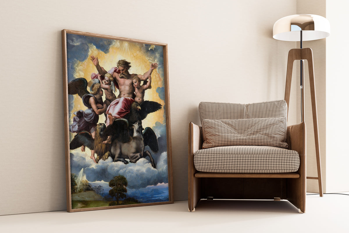 Framed art print of Ezekiel’s Vision by Raphael, leaning against a wall beside an armchair and a floor lamp