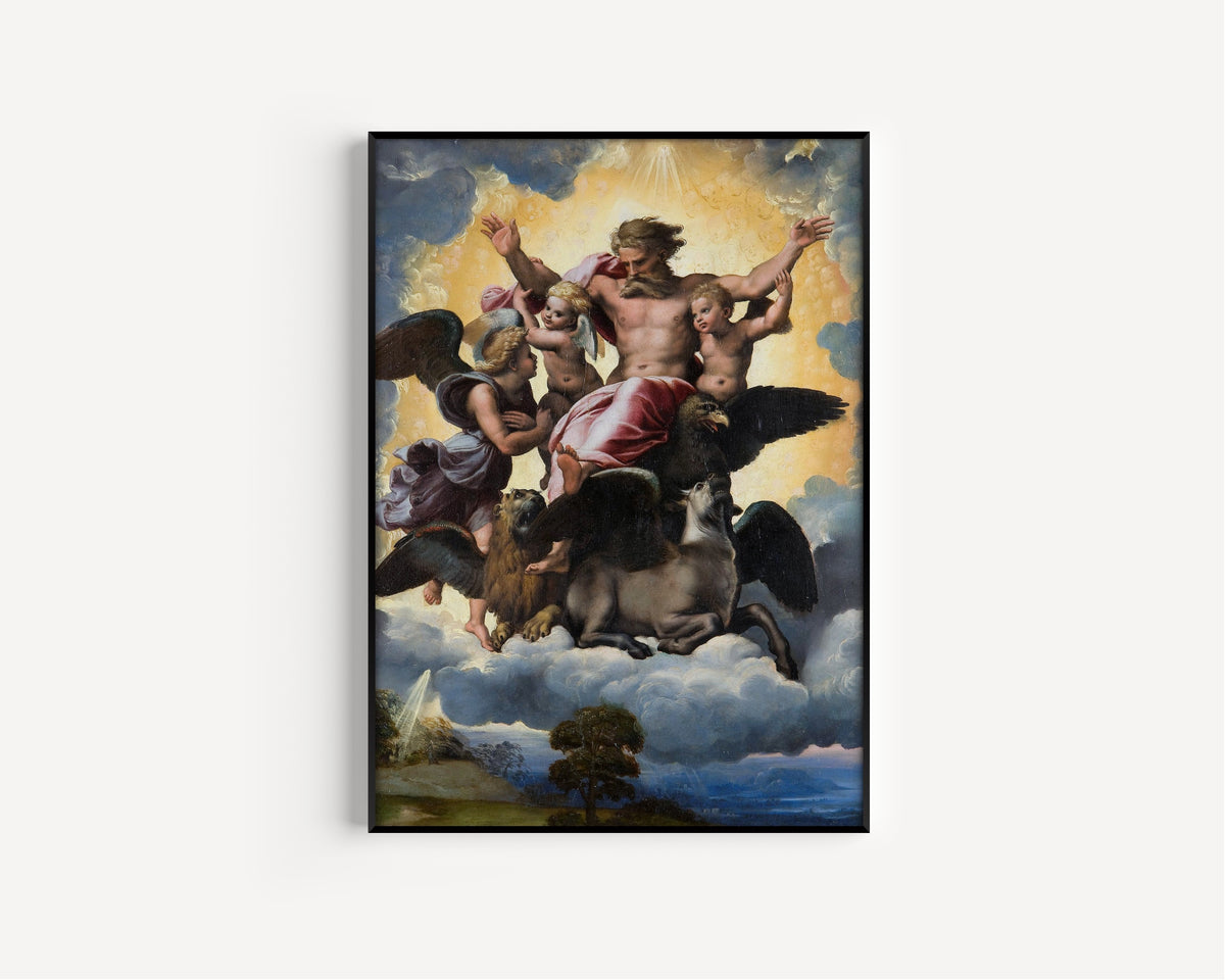 Framed art print of Ezekiel’s Vision by Raphael, in a slim black frame on a plain white wall