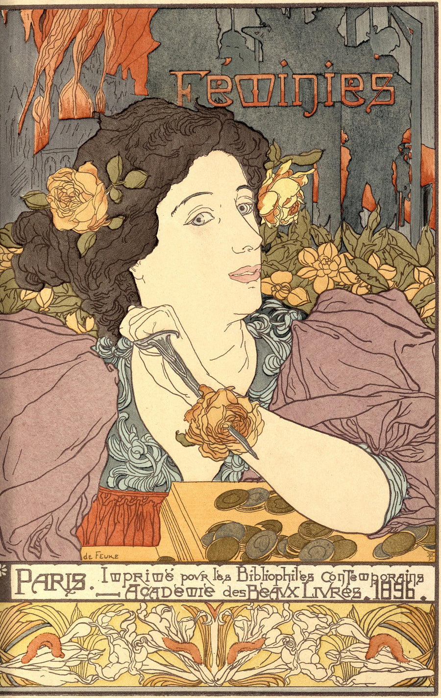 Georges de Feure — Féminies (frontispiece) | Art Nouveau Print shown to scale on a wall above a sofa