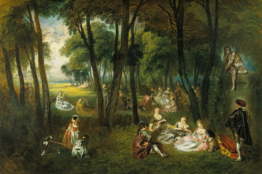 Jean-Antoine Watteau — Fête galante in a Wooded Landscape | Fine Art Print shown to scale on a wall above a sofa