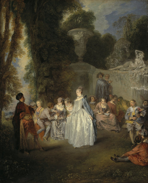 Fêtes Vénitiennes by Jean-Antoine Watteau — A woman in a silver gown steps out among garden revellers