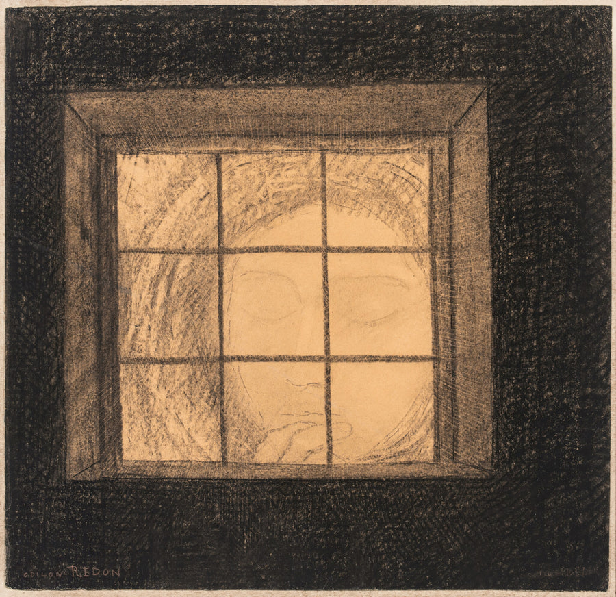 Odilon Redon — Face Behind a Window | Drawing Print shown to scale on a wall above a sofa