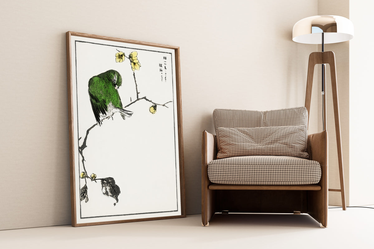 Numata Kashū — Red-billed Leiothrix and Wintersweet | Japanese Bird & Flower Woodblock Print