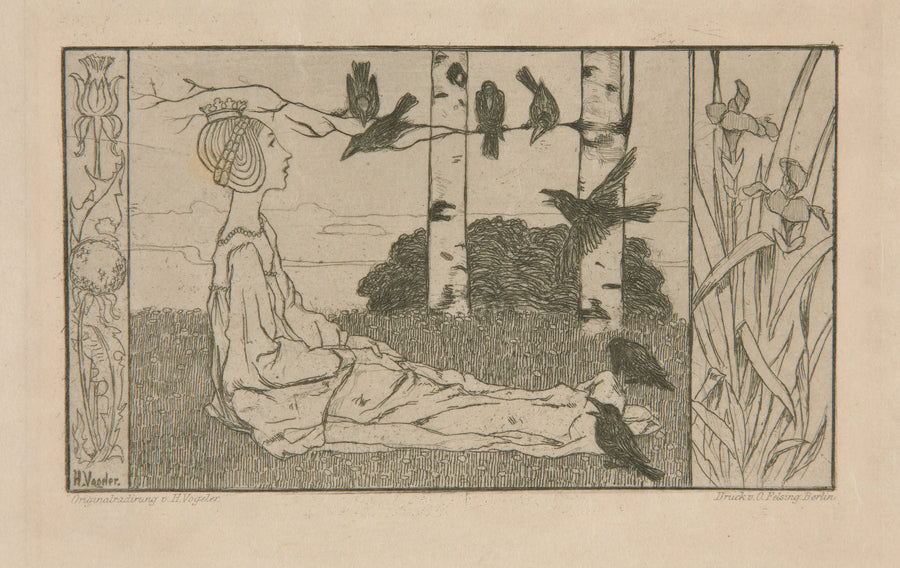 Heinrich Vogeler — Fairy-Tale Representation | Art Nouveau Print shown to scale on a wall above a sofa