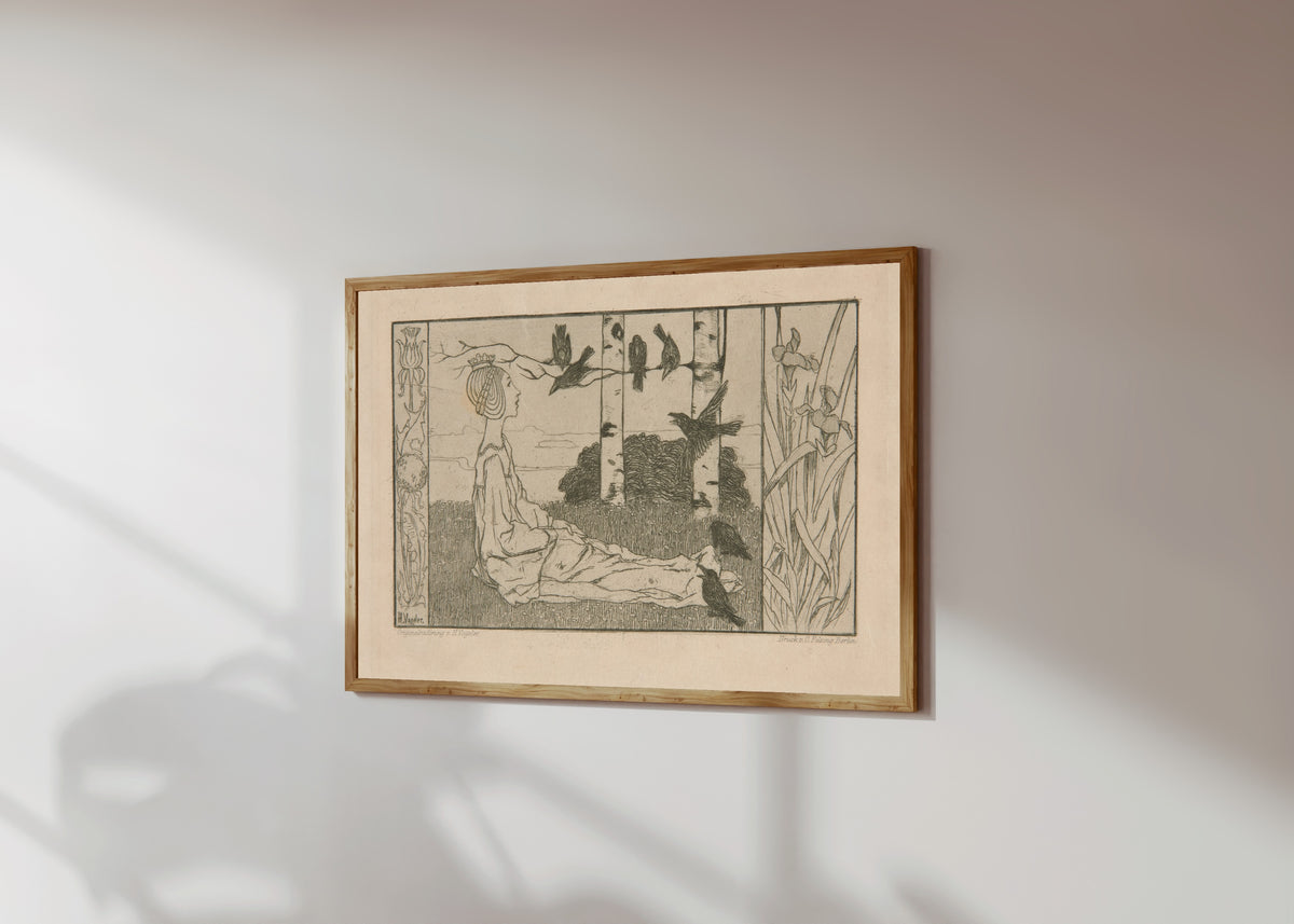Framed art print of Fairy-Tale Representation by Heinrich Vogeler, in a light wood frame on a sunlit white wall, seen at a slight angle