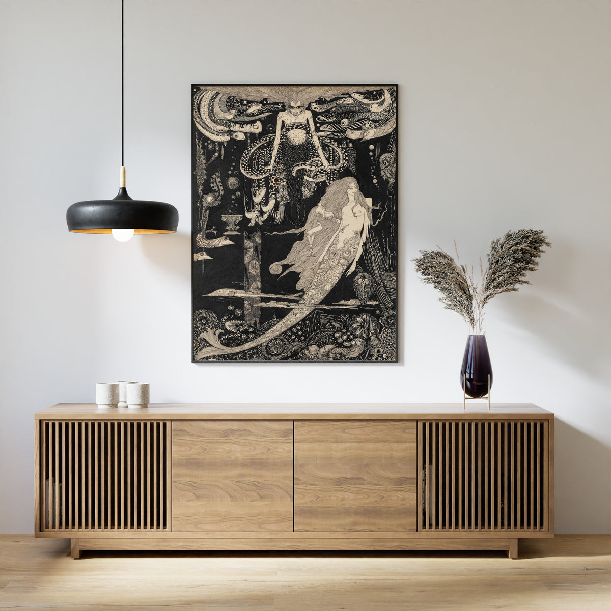 Framed art print of Fairy Tales by Hans Andersen: The Little Sea Maid by Harry Clarke, above a slatted wood sideboard