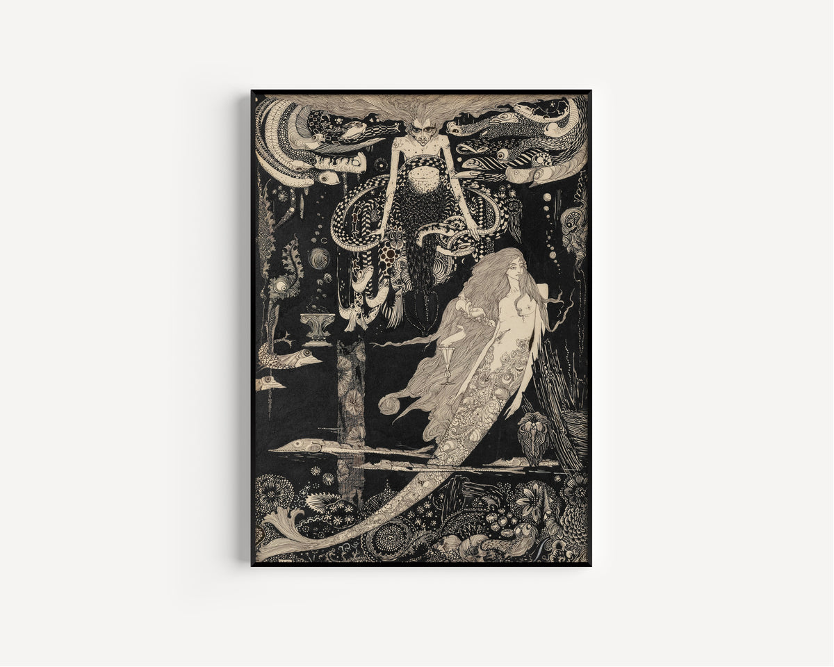 Framed art print of Fairy Tales by Hans Andersen: The Little Sea Maid by Harry Clarke, in a slim black frame on a plain white wall