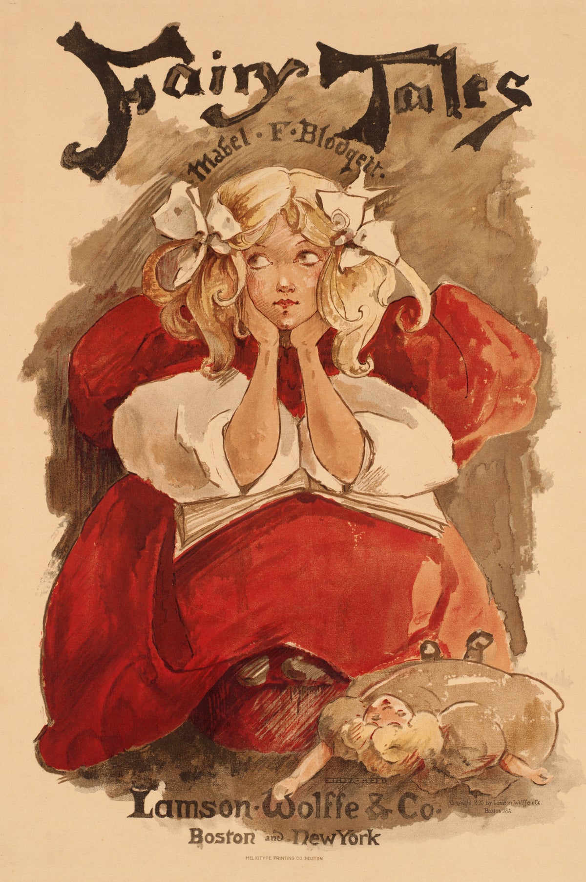 Fairy Tales by Mabel F. Blodgett by Ethel Reed — A girl in a red dress props her chin on both hands over a book