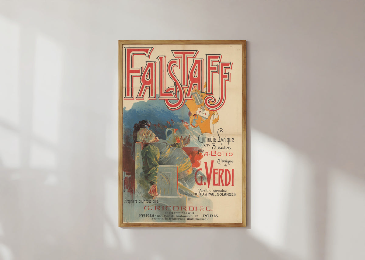 Framed art print of Falstaff: Comédie lyrique en 3 actes by Adolfo Hohenstein, in a light wood frame on a sunlit white wall