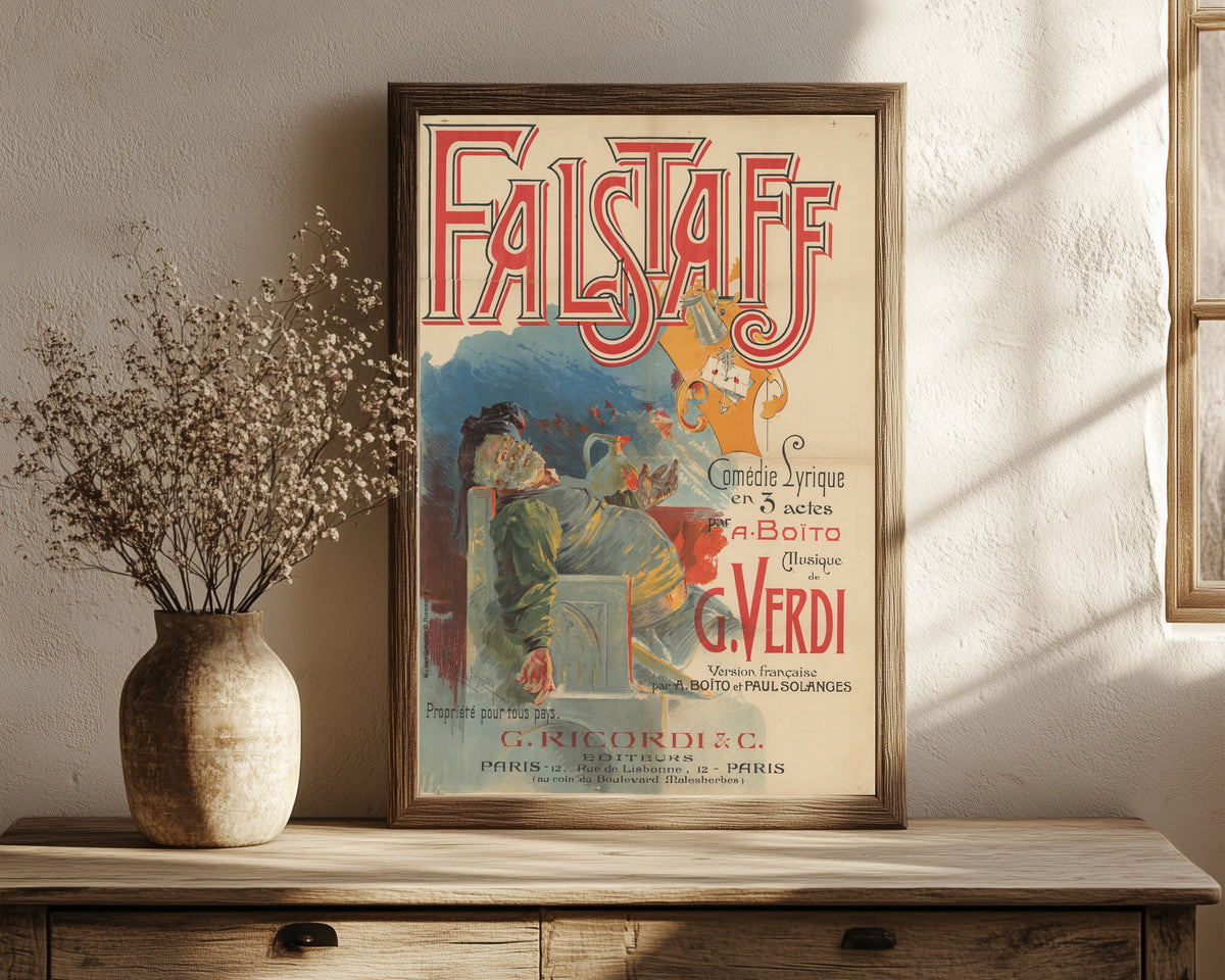 Framed art print of Falstaff: Comédie lyrique en 3 actes by Adolfo Hohenstein, in a dark wood frame leaning on a rustic console beside dried flowers