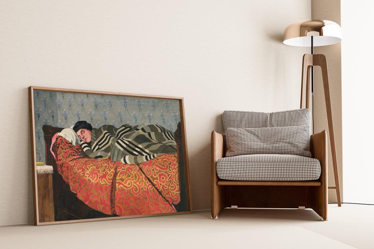 The Sleep (Le Sommeil) by Félix Vallotton — framed and leaning against a wall beside an armchair and a floor lamp