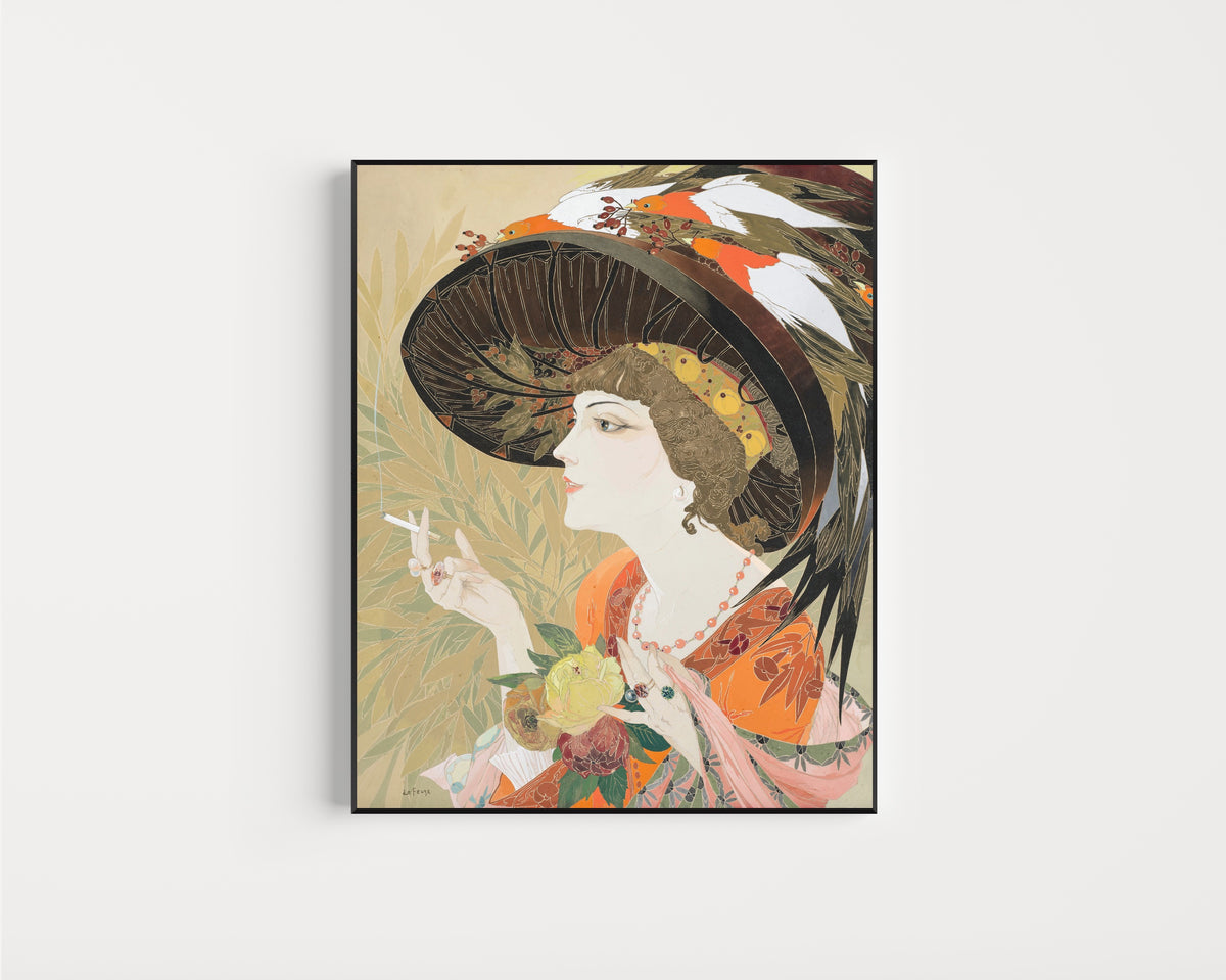 Framed art print of Femme en buste fumant de profil by Georges de Feure, in a slim black frame on a plain white wall
