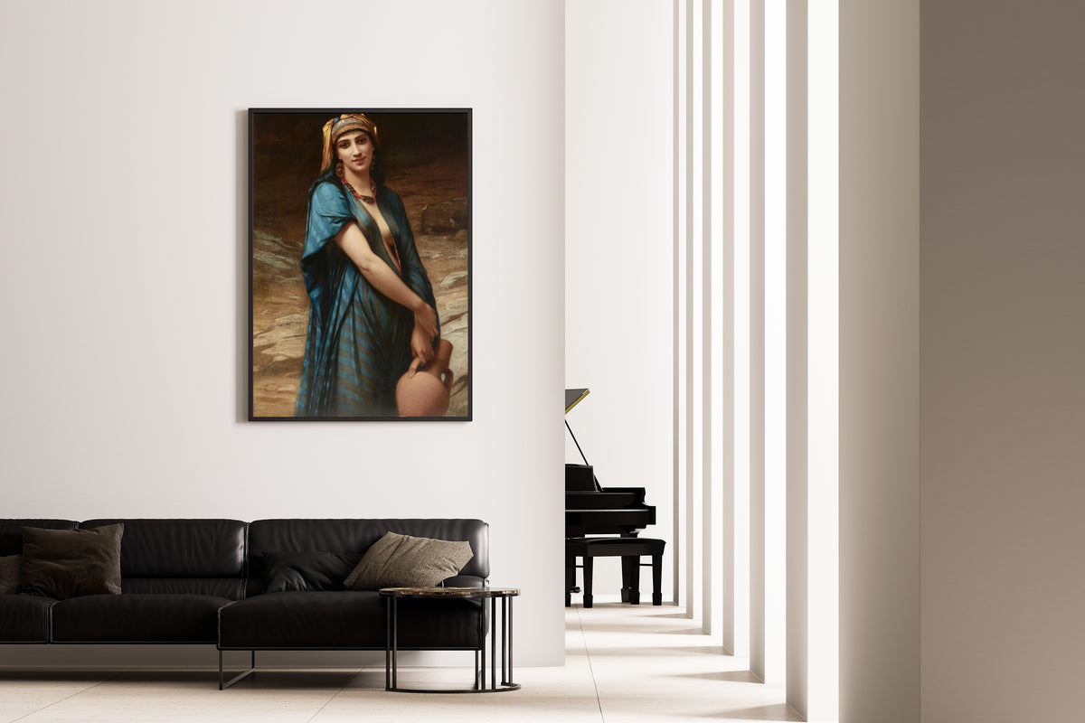 Fetching Water by Charles Landelle — framed on the wall of a minimal living room