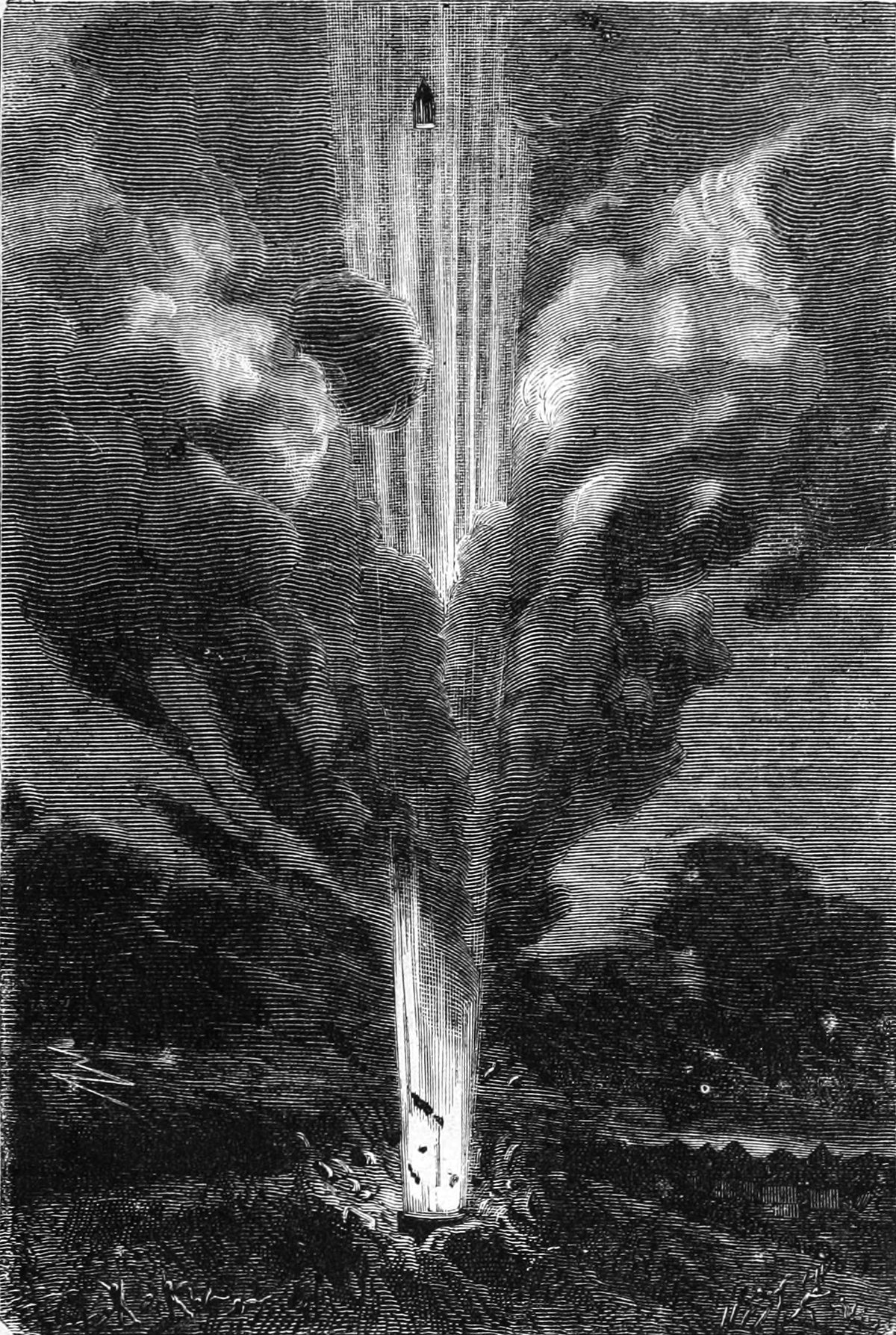 Feu!! (Fire!!) by Henri de Montaut — A blinding column of fire hurls a projectile into the night sky