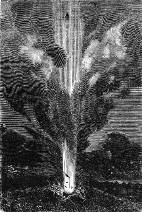 Feu!! (Fire!!) by Henri de Montaut — A blinding column of fire hurls a projectile into the night sky
