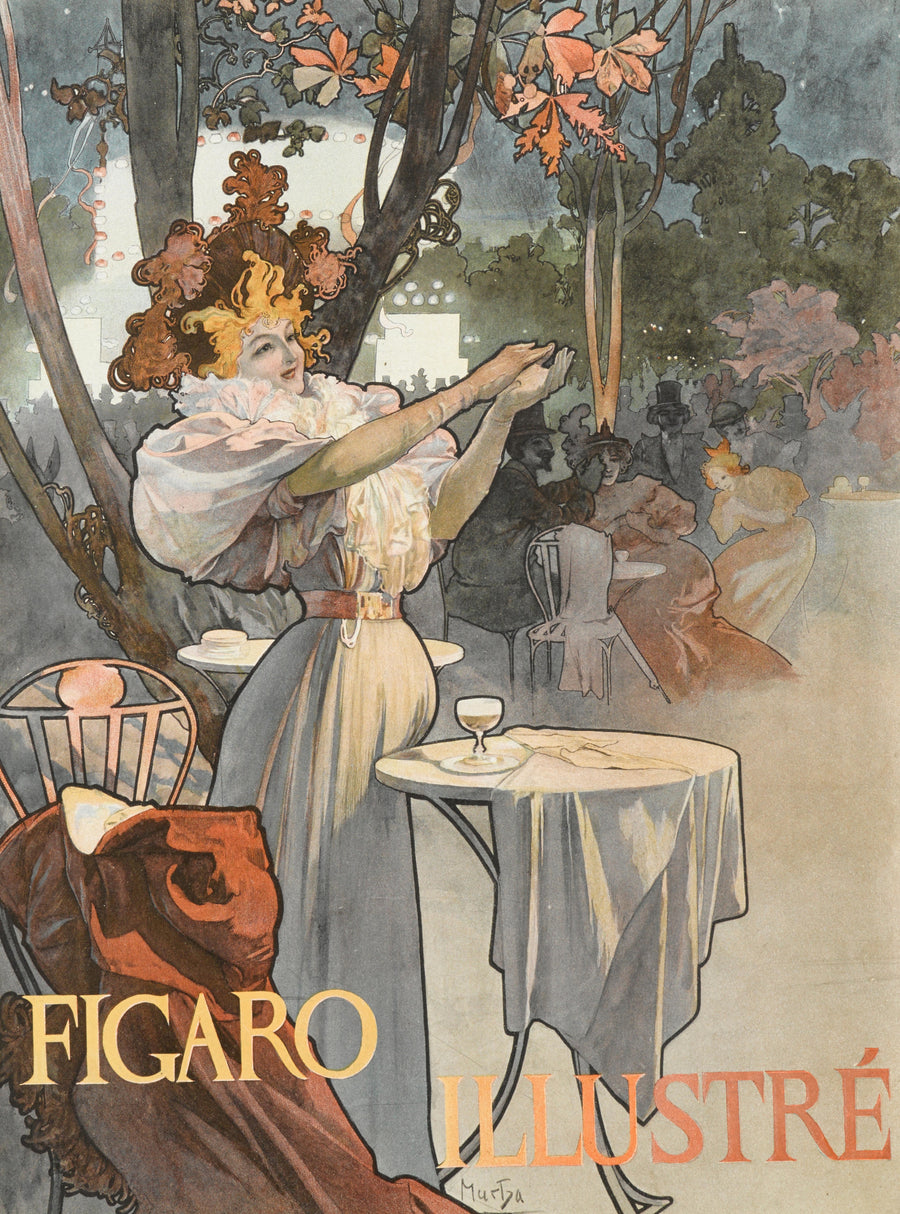Alphonse Mucha — Figaro Illustré | Vintage Poster Print shown to scale on a wall above a sofa