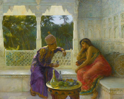 Figures in an Interior with Garden of Palms Beyond by Edwin Lord Weeks — A man in purple and a woman in red sit by a marble window onto palms