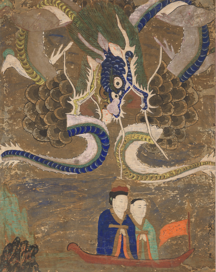 Korean painter (unidentified) — Figures with Dragons | Korean Painting Art Print shown to scale on a wall above a sofa