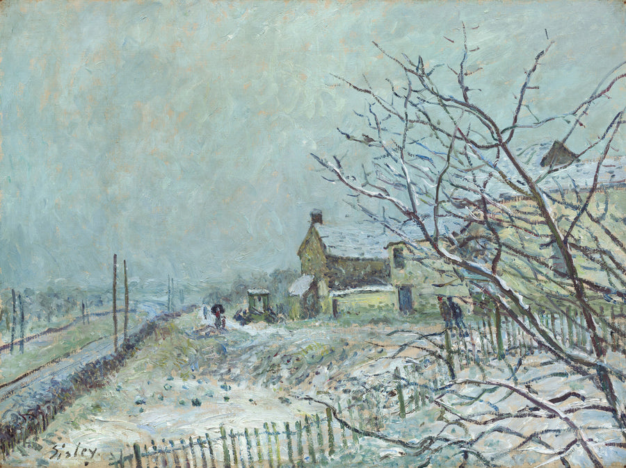 Alfred Sisley — First Snow at Veneux-Nadon | Fine Art Print shown to scale on a wall above a sofa