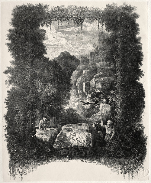 First frontispiece for Fables and Fairy-Tales by Thierry-Faletans by Rodolphe Bresdin — Winged creatures pour from a cliff in a gorge hung with vines