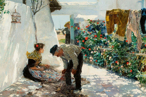 Fishing Nets (Las redes) by Joaquín Sorolla — An old fisherman and a young woman mend nets in a sunlit yard