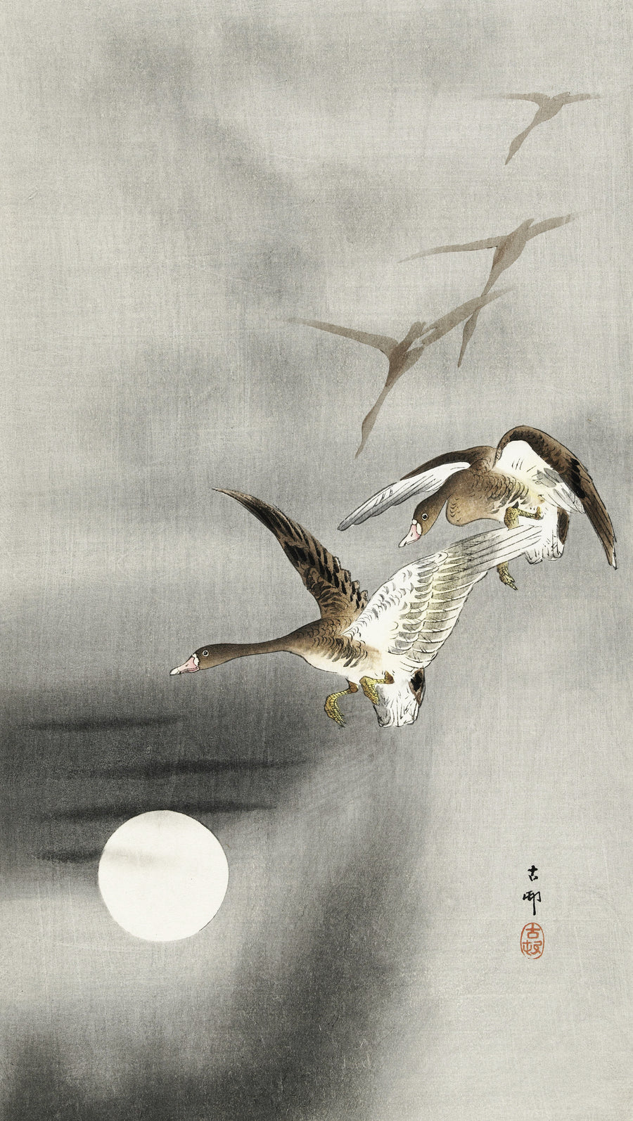 Ohara Koson — Five Geese in Flight at Full Moon | Japanese Bird & Flower Woodblock Print shown to scale on a wall above a sofa
