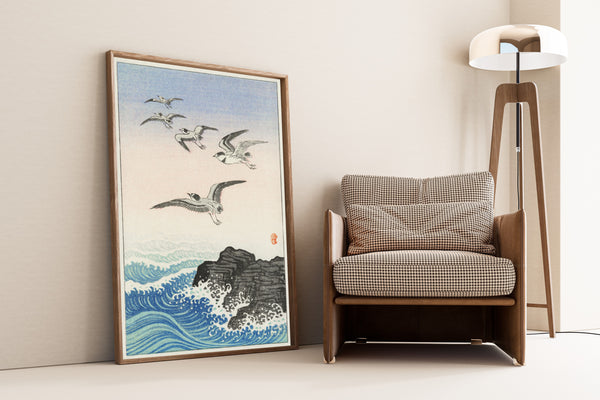 Ohara Koson — Five Seagulls above the Sea (Rocky Shore) | Japanese Bird & Flower Woodblock Print