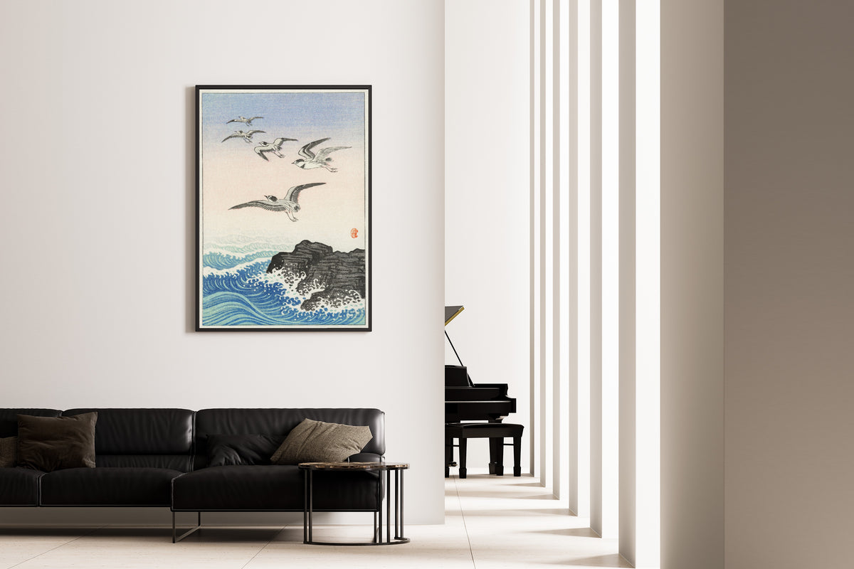 Ohara Koson — Five Seagulls above the Sea (Rocky Shore) | Japanese Bird & Flower Woodblock Print