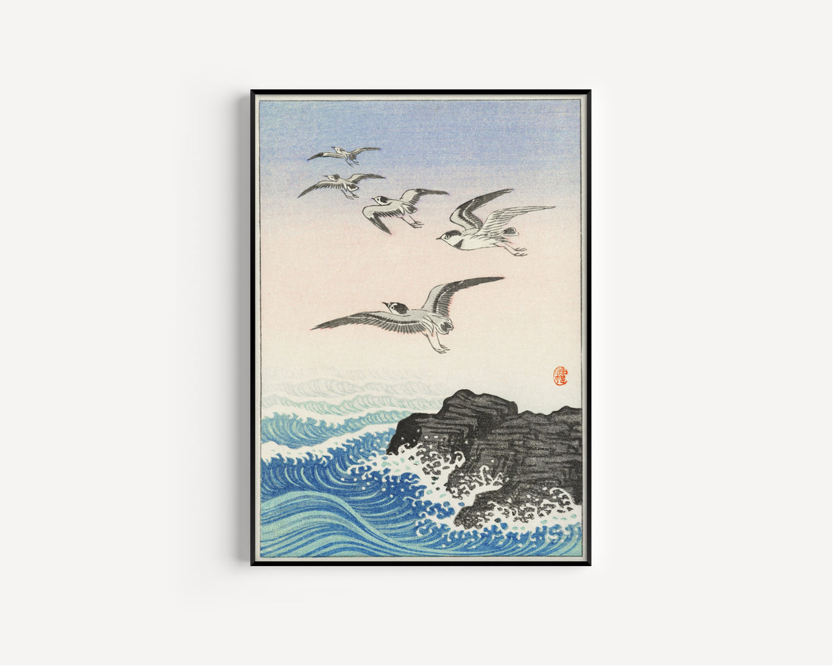 Ohara Koson — Five Seagulls above the Sea (Rocky Shore) | Japanese Bird & Flower Woodblock Print
