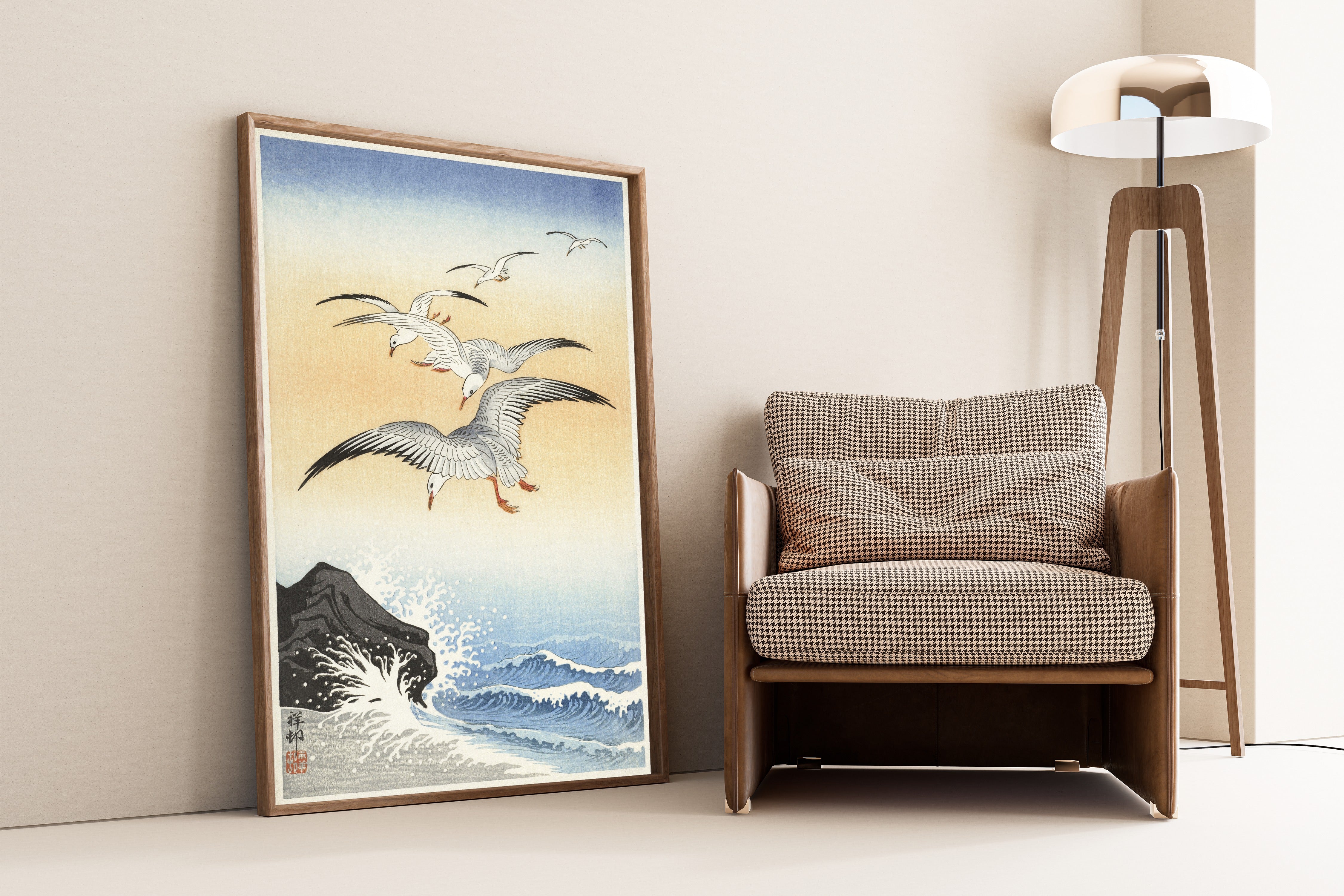 Ohara Koson — Five Seagulls above a Turbulent Sea | Japanese Bird & Flower Woodblock Print